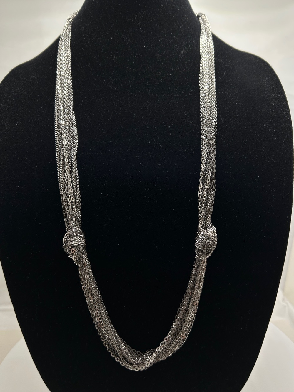 Cara, Long Knotted Silver Chain Necklace, 18 Strands, Great Movement